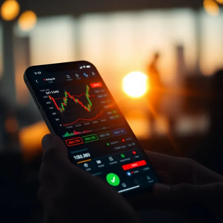 Interface of a day trading mobile application displaying candlestick charts and trading options