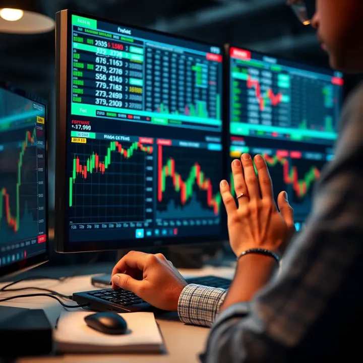 Illustration of a beginner reviewing financial data and trading strategies on a computer screen