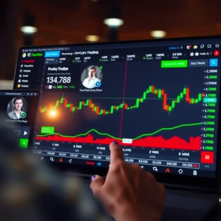 User interface showing copy trading platform with trader profiles and performance charts