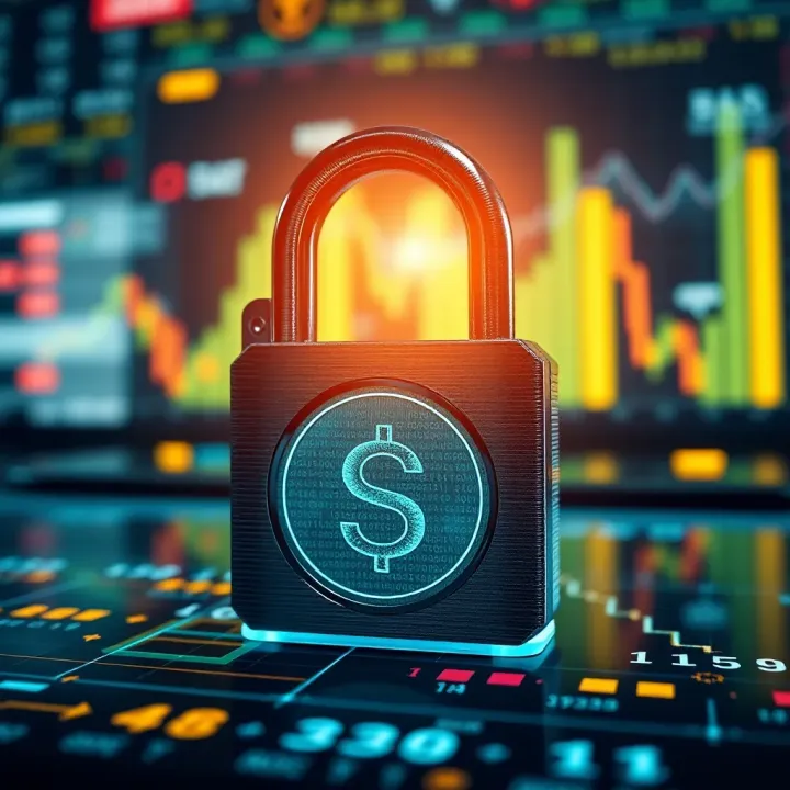Secure padlock protecting digital financial data on a futuristic interface