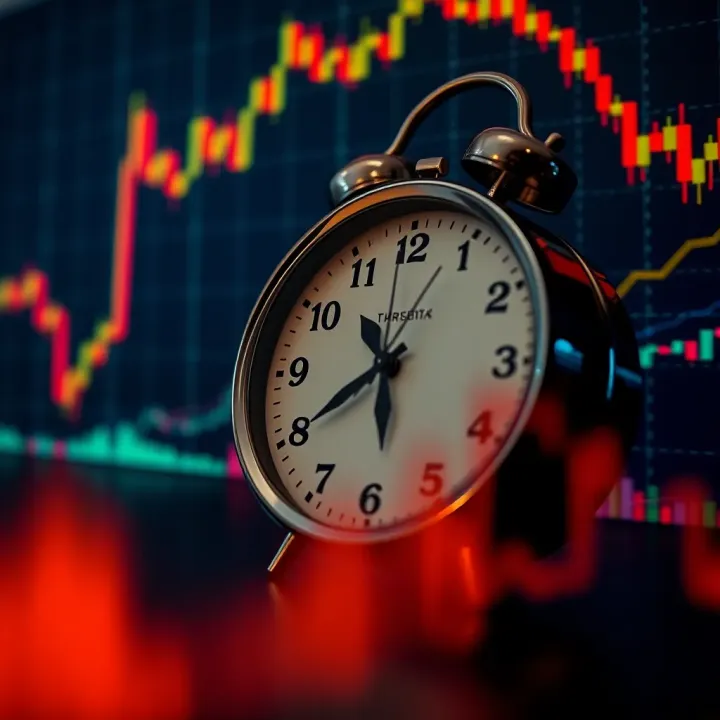 Clock showing binary options market trading hours against a digital financial chart