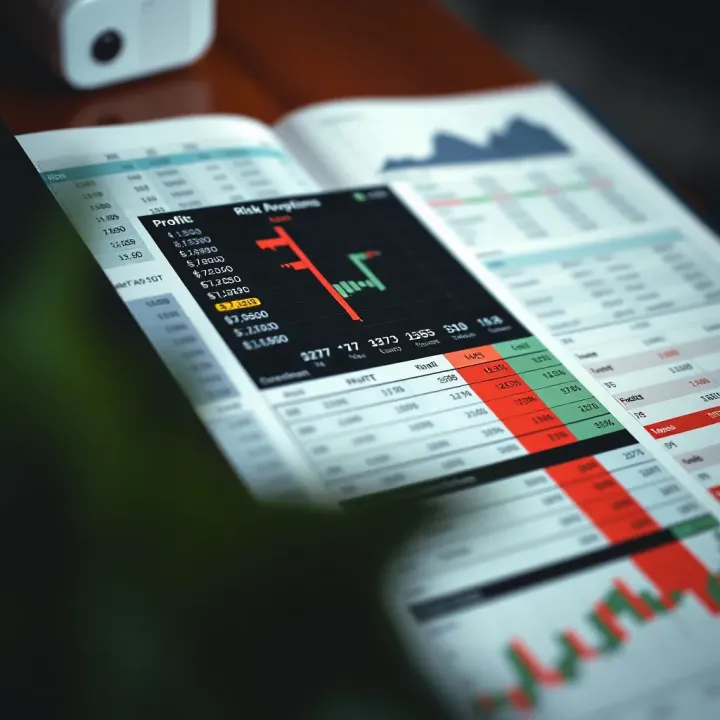 Spreadsheet displaying risk management data for binary options trading with color-coded profit and loss sections