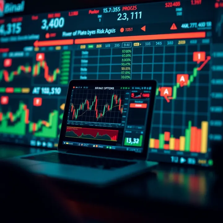 Key Strategies and Risk Factors in Binary Options Trading Visualization of risk management and strategies in binary options market with graphs and decision symbols