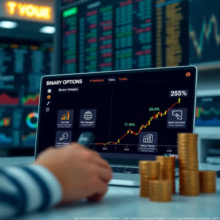 Illustration of key binary options strategies with icons representing risk management and decision making