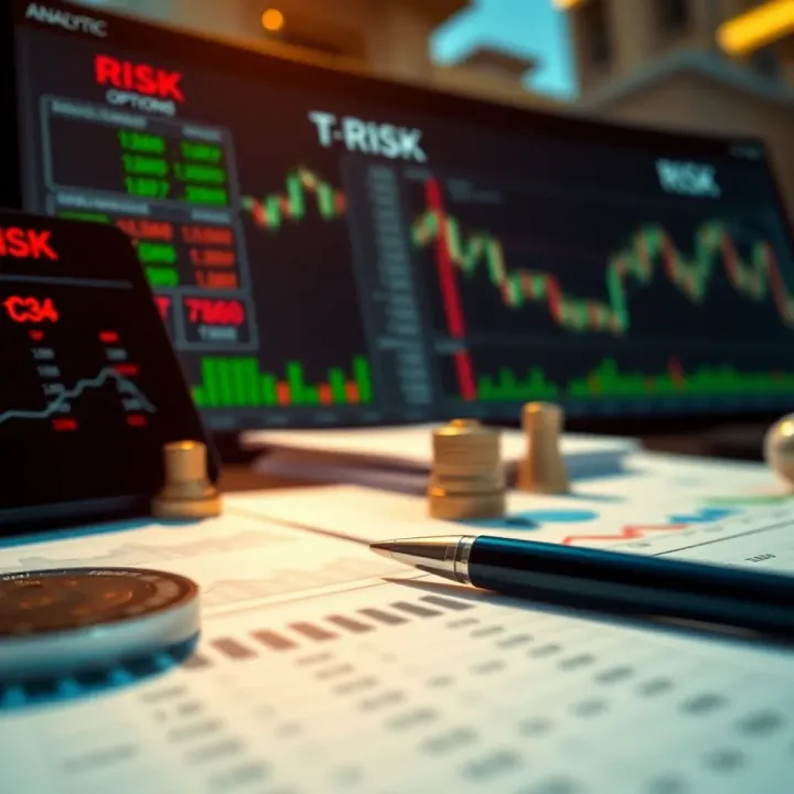 Illustration of strategic elements like risk analysis charts and financial documents for binary options investment