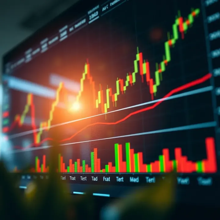Graph showing binary options trading trends with candlestick patterns and financial indicators