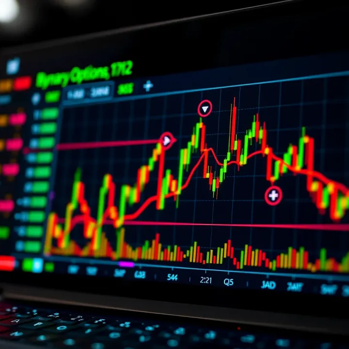 Conceptual illustration of binary options trading with graphical interface showing financial data and decision points