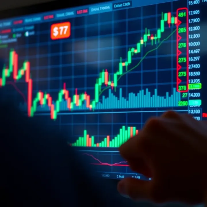 Graph showing upward trend with binary options trading indicators
