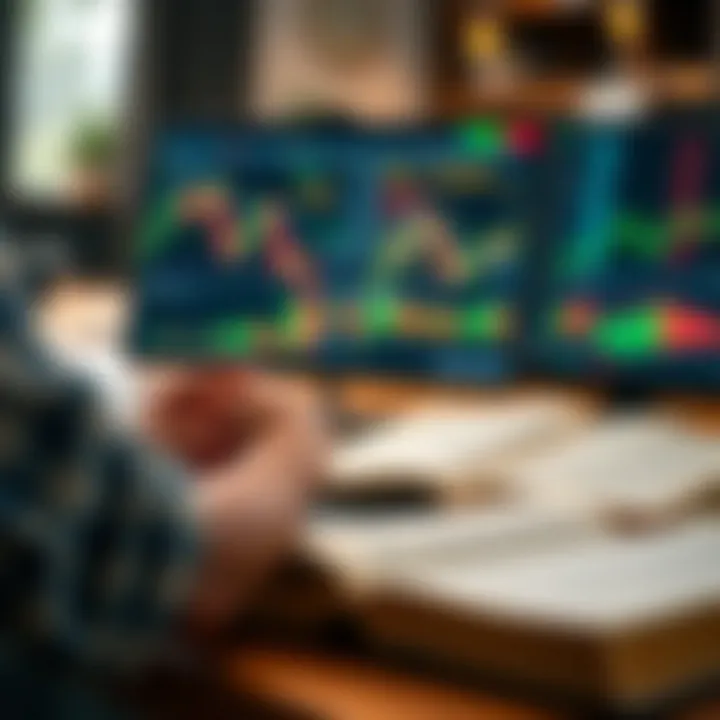 Advanced Day Trading Strategies and Analysis Close-up of a person analyzing stock market charts with a laptop and financial books open nearby