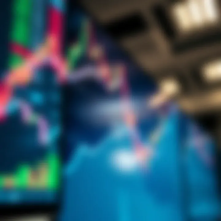 Graph showing upward financial trading trends on digital screens