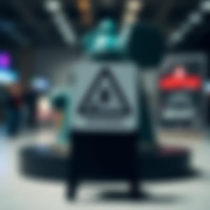 Warning sign with secure investment icons and fraud prevention symbols