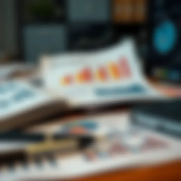Collection of business charts and market research documents on a desk