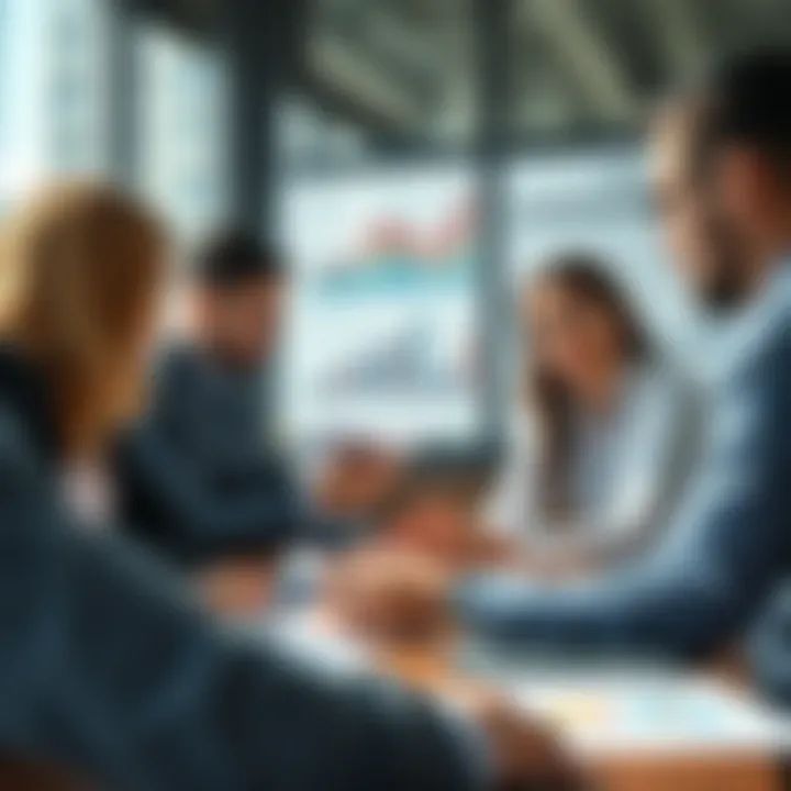 Collaborative Marketing Strategy Planning with Data Insights Business professionals discussing marketing strategies with charts and reports in the background