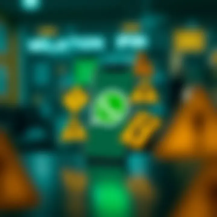 Illustration showing caution signs around a smartphone representing fraud prevention in trading groups