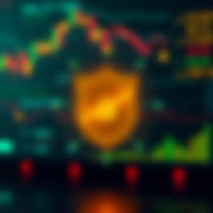 Safety shield icon with financial graphs representing secure trading strategies