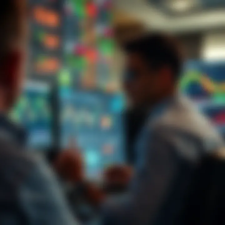 Trader analyzing forex charts and economic data on computer screens with graphical representation