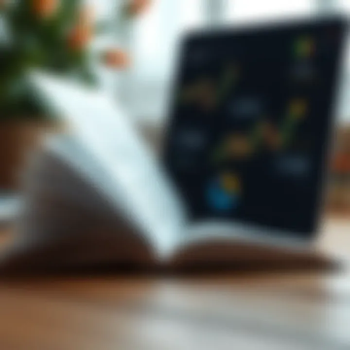 Open digital book displaying binary options trading concepts with charts and graphs