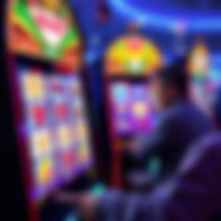 Colorful slot machine interface displaying reels with various symbols and a player exploring game features