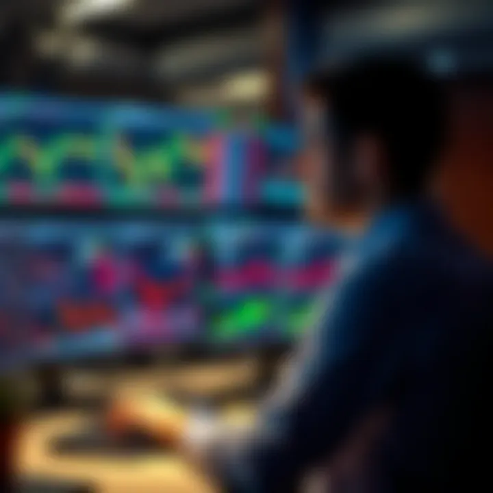 Trader analyzing financial charts and data on multiple monitors in a modern workspace