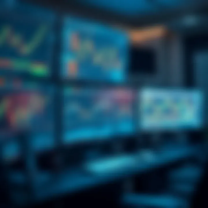 Digital workspace displaying multiple monitors with cryptocurrency trading platforms and data analysis tools