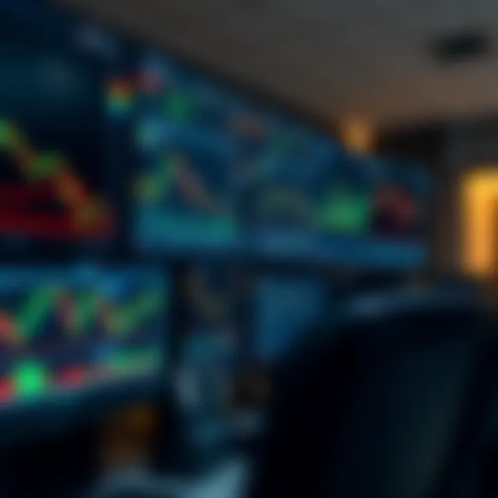 Trading workstation with multiple monitors displaying market data and financial graphs