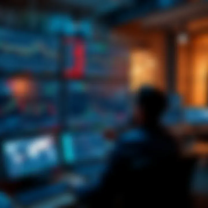 Trader using multiple monitors displaying financial charts and data