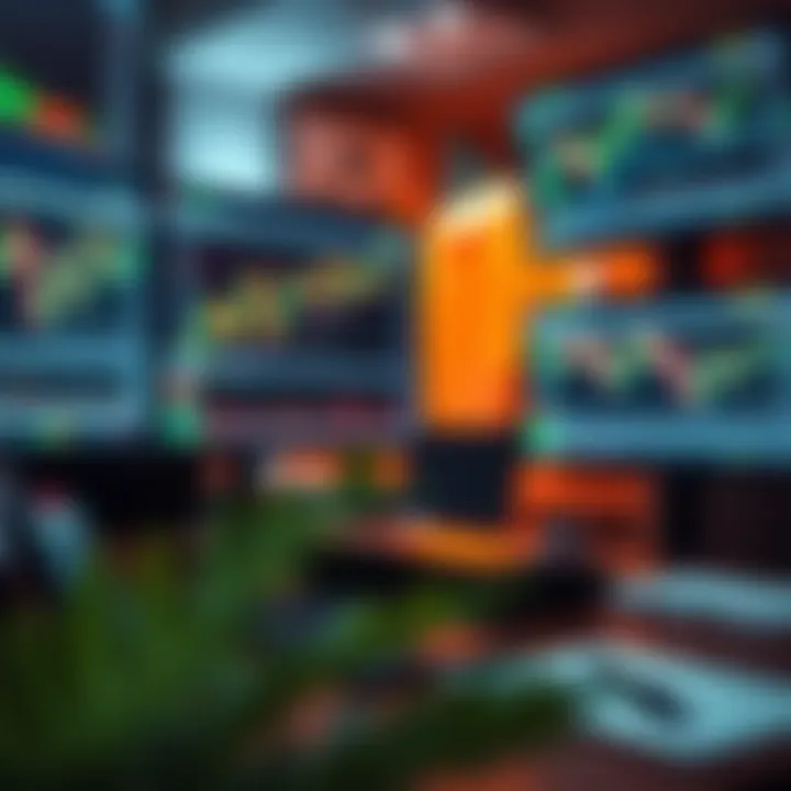 Illustration of trading tools including computer screens with graphs and financial analysis software