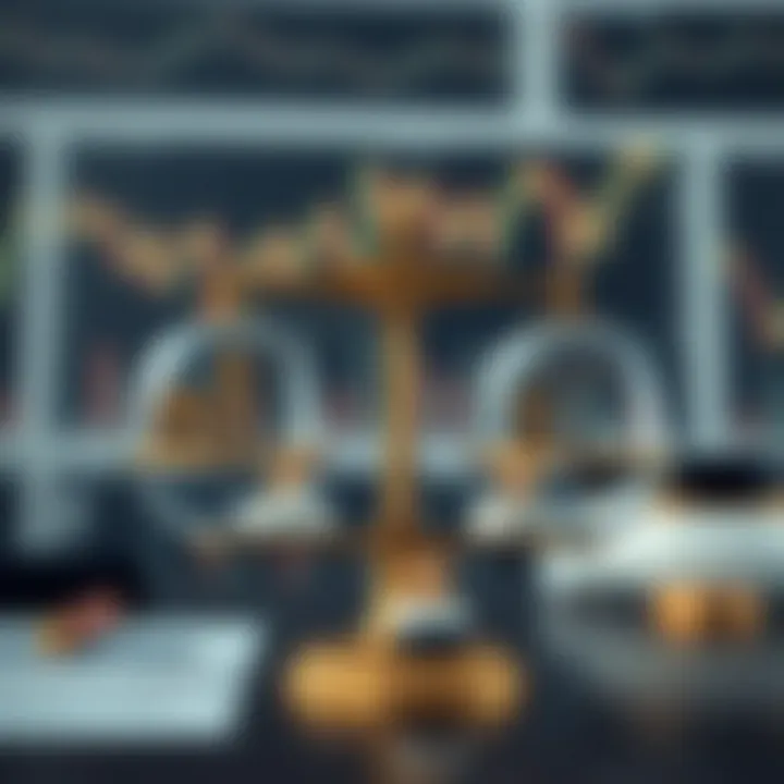 Graphical representation of risk management strategies with balance scales and financial icons