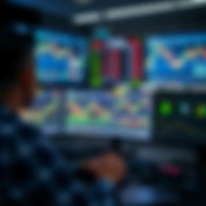 Trader monitoring multiple financial charts on computer screens