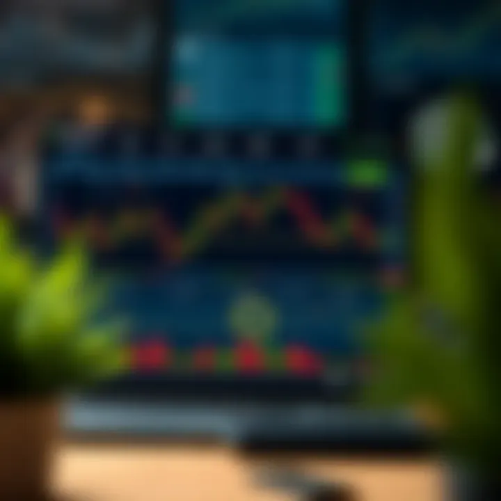 Trading platform interface showing a demo account dashboard with virtual funds and market charts