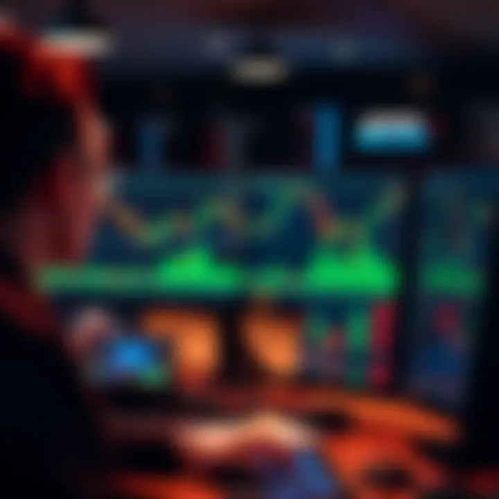 Trader analyzing stock charts on multiple screens with demo account interface