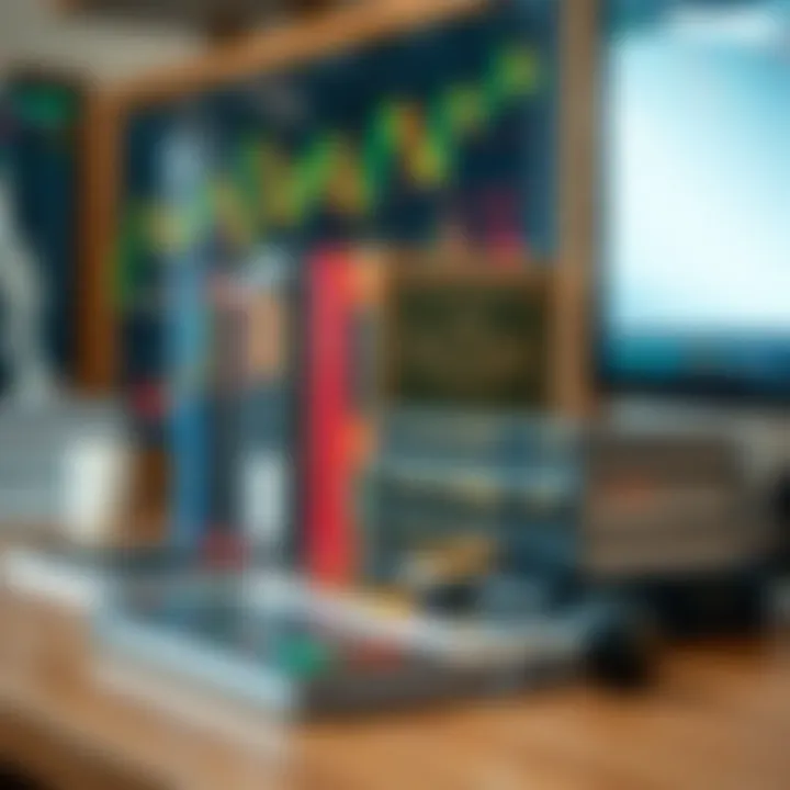 Collection of essential day trading books displayed on a wooden desk with a financial chart in the background