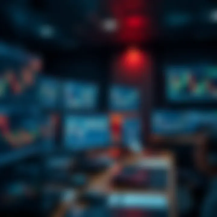Illustration of a trading desk with candlestick patterns on multiple monitors showing market trends