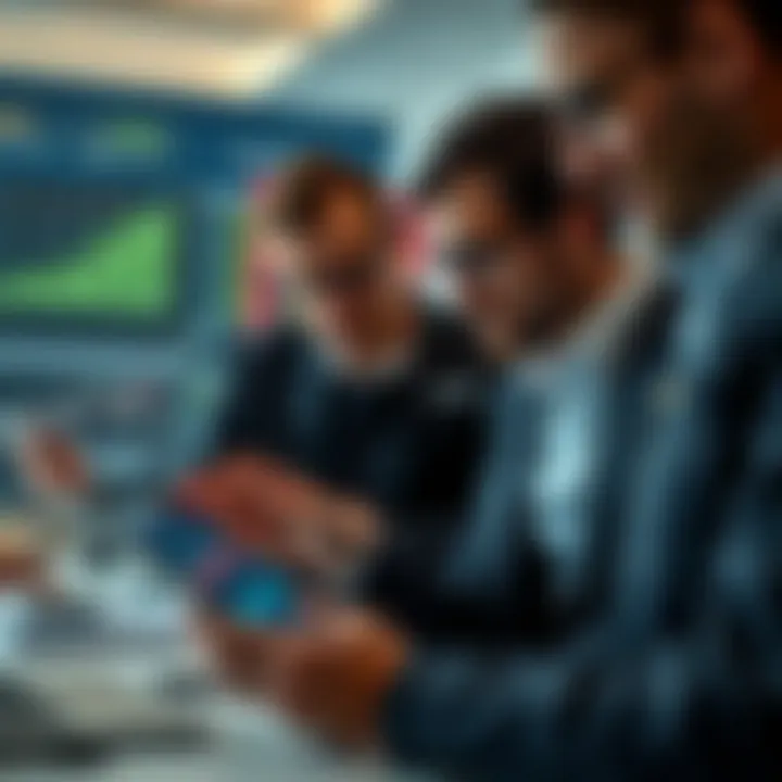 Business professionals analyzing market data charts on a digital tablet