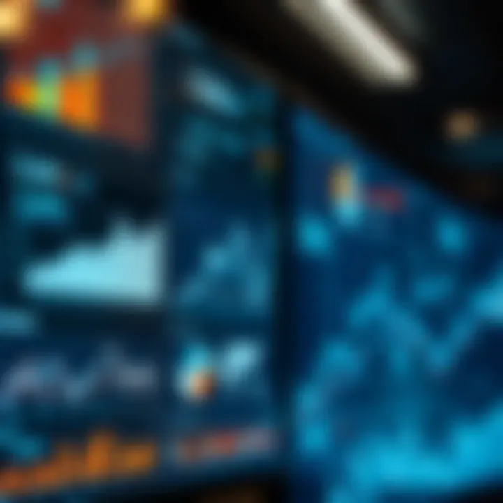 Detailed market research data charts with graphs and statistics on digital screens