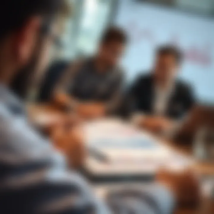 Illustration of business strategy meeting with charts and competitor evaluation