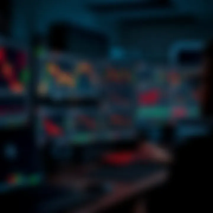 Financial tools including computer screens with trading software and graphs for market analysis