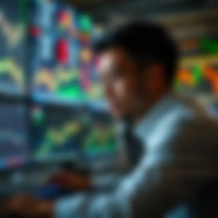 Trader analyzing market data and economic indicators on multiple screens