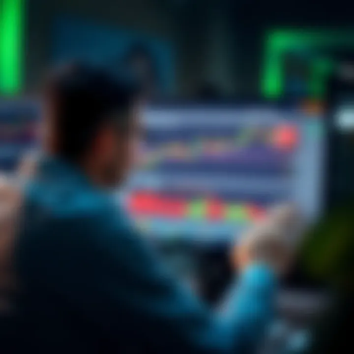 Investor analyzing a virtual trading platform interface on a computer screen