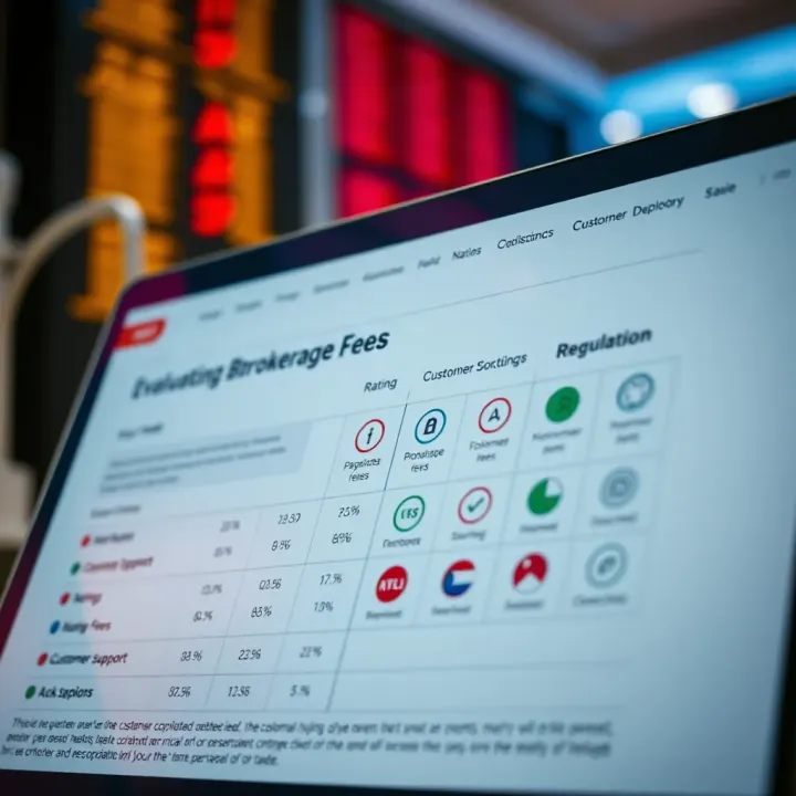 Comparison chart displaying brokerage fees, customer support ratings, and regulation badges
