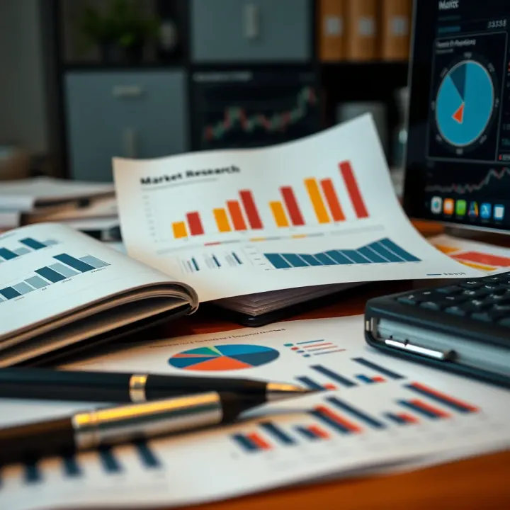 Business Charts and Market Research Documentation Collection of business charts and market research documents on a desk