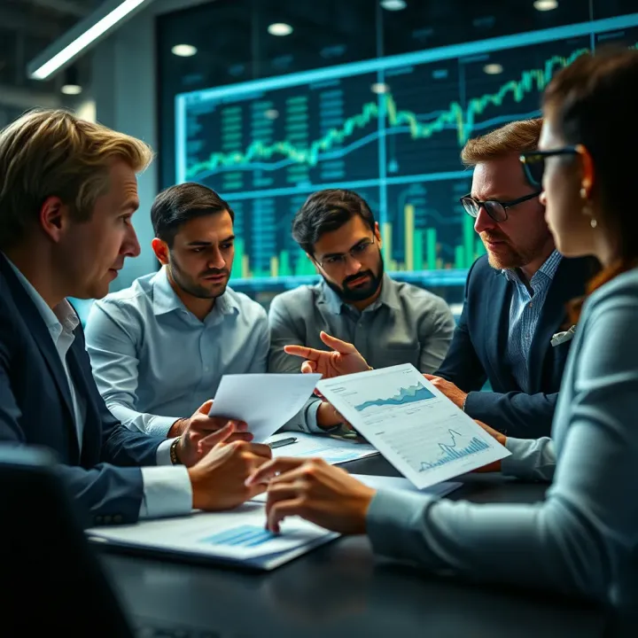 Business team discussing market opportunities with charts and data reports
