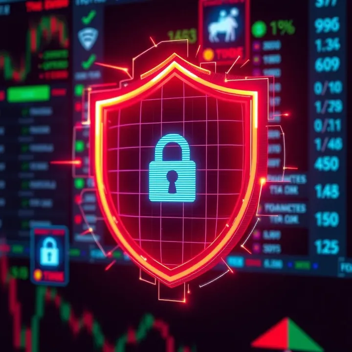Illustration of a secure digital shield protecting trading data and robots