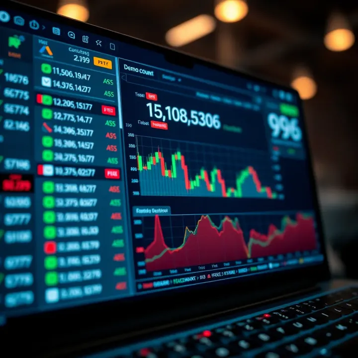 Illustration of a digital trading platform interface showing a demo account dashboard with clear balance and transaction history