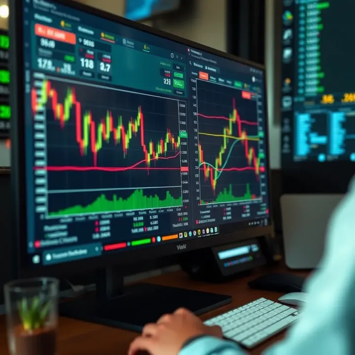 Illustration of a computer screen with trading software and risk management tools