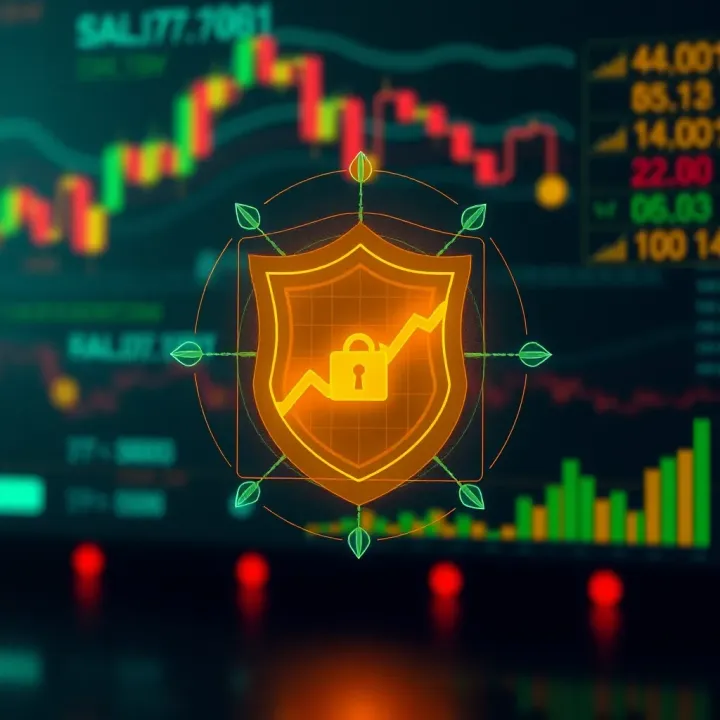 Safety shield icon with financial graphs representing secure trading strategies