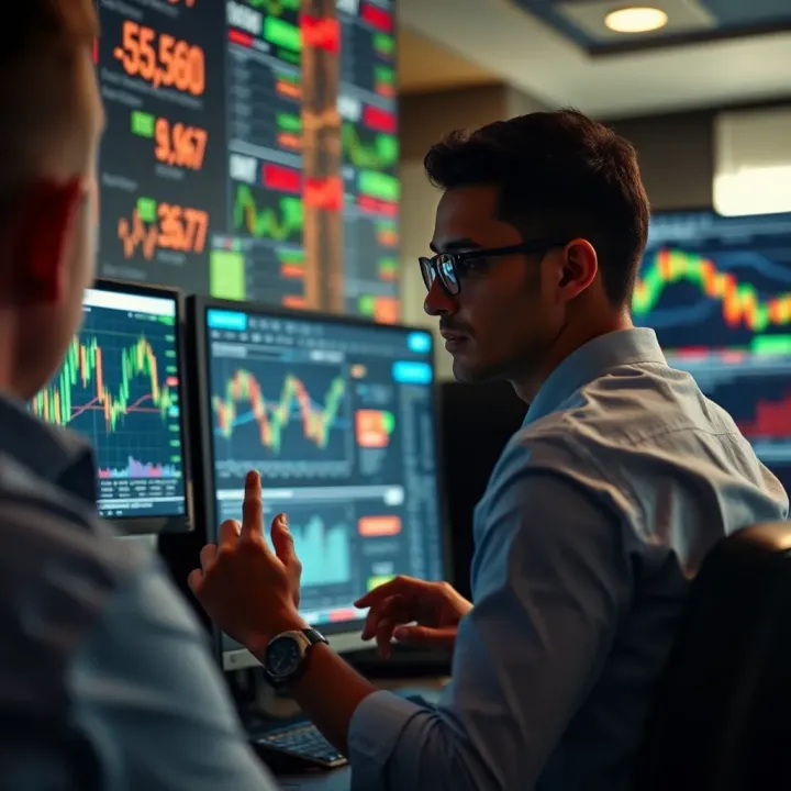 Trader analyzing forex charts and economic data on computer screens with graphical representation