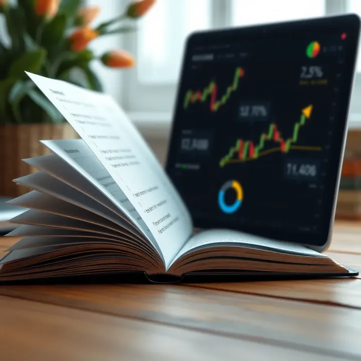 Open digital book displaying binary options trading concepts with charts and graphs