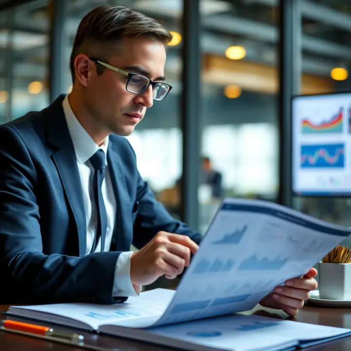 Business professional reviewing a comprehensive market analysis report with detailed insights