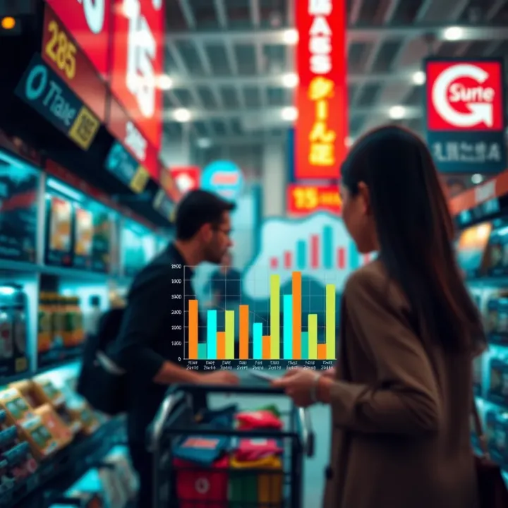 Visualization of consumer behavior trends with charts illustrating purchasing patterns and economic indicators